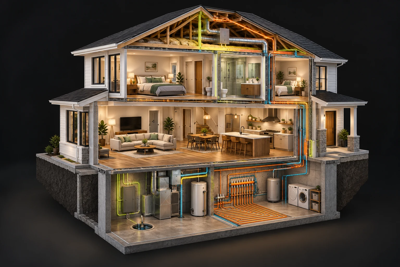Conceptual furnished house cutaway revealing a basement, living spaces, roof and colour-coded systems