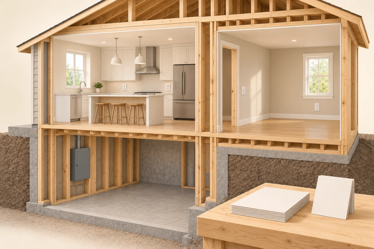 Fictional timber house cutaway with an unfinished basement and closed gray enclosure, a kitchen and adjoining room with closed white receptacle faces, plus blank papers on a foreground ledge
