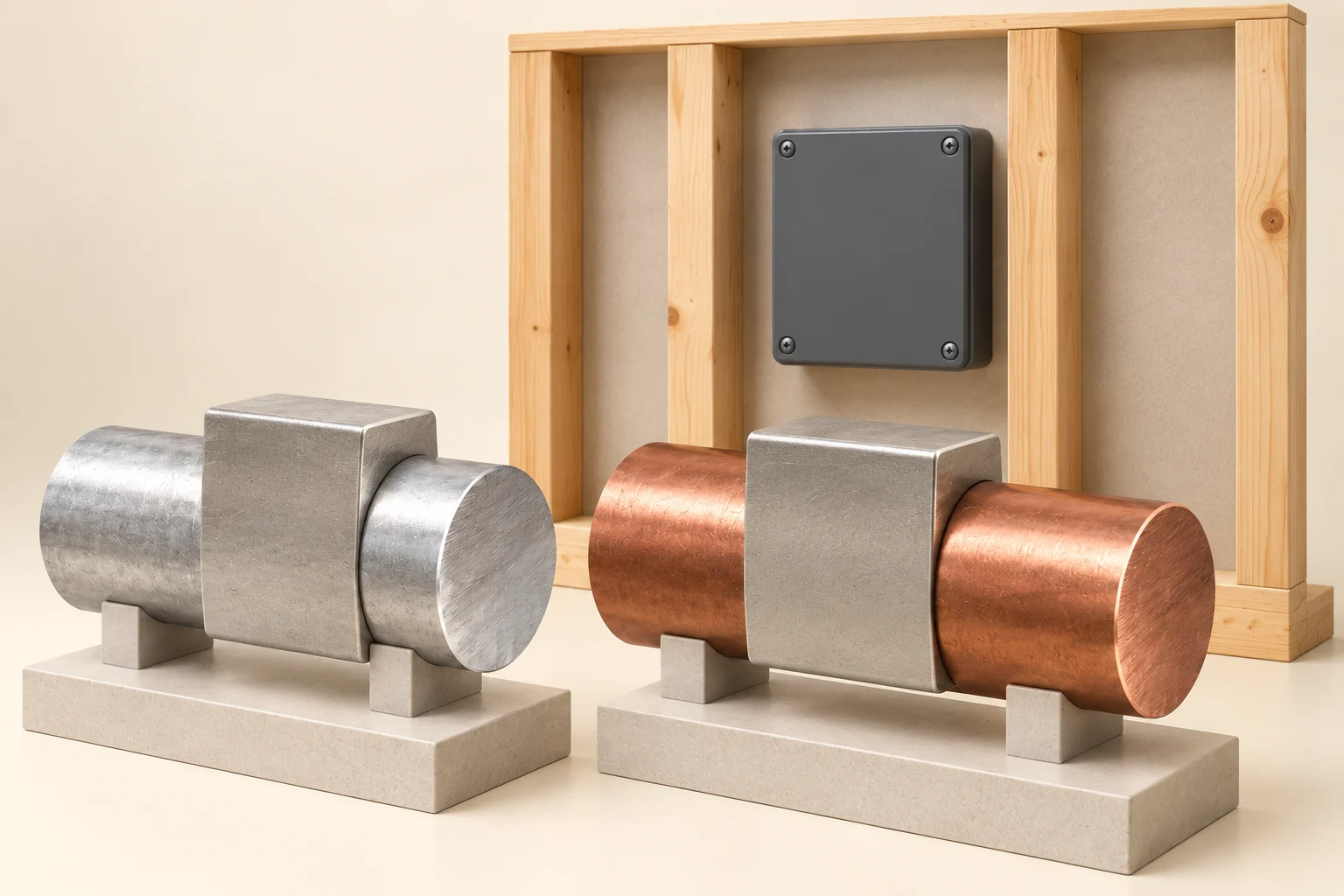 Detached enlarged silver-toned and copper-toned cylinders each overlapped by a broad neutral metal block, with a closed plain enclosure in timber behind