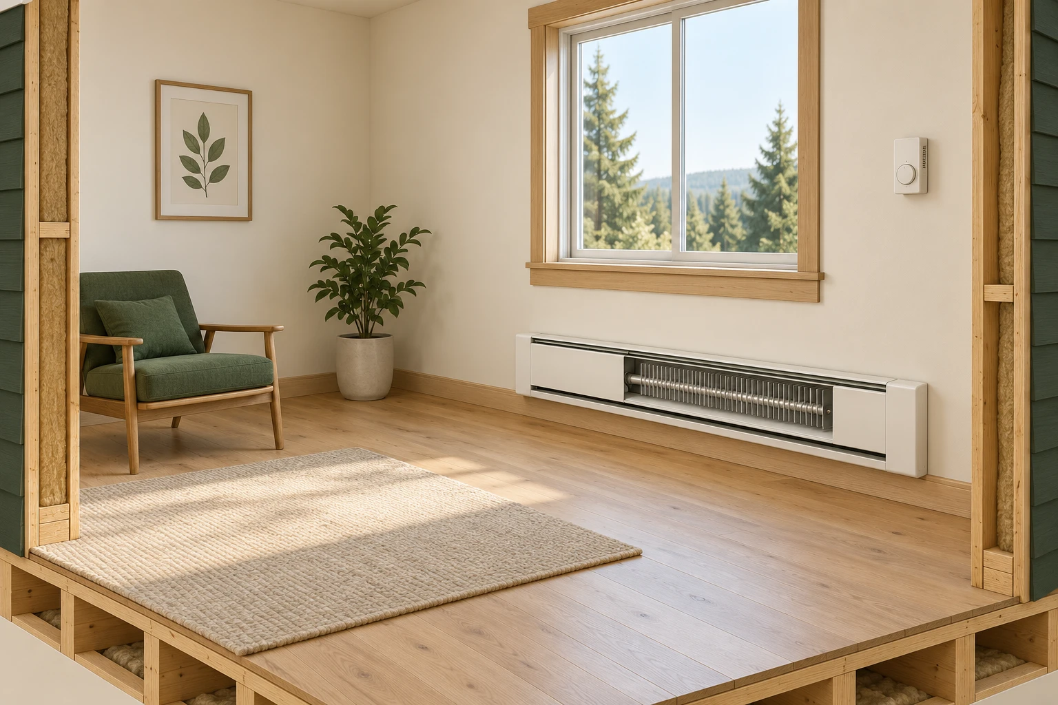 An original timber room cutaway shows a window above a low white heater with a conceptual exposed finned centre, a closed wall control at the upper right, and a chair and plant separately to the left. No wiring route is shown.
