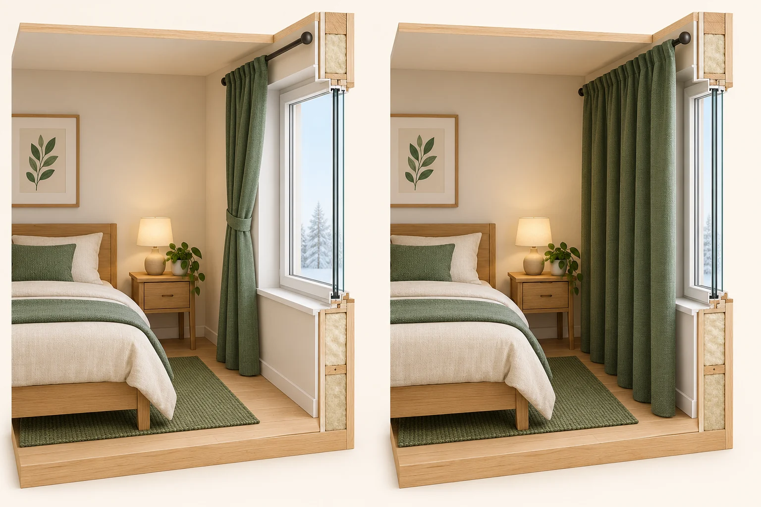 Two matching timber bedroom corners: a curtain tied aside at left and a curtain closed across the window at right, with glass visible in cut section.