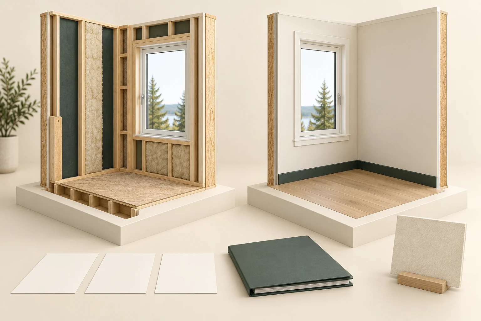 Conceptual open timber wall and closed window specimen with dark sheet-like and light infill forms, beside a separate finished room corner, three blank cards and a closed folder