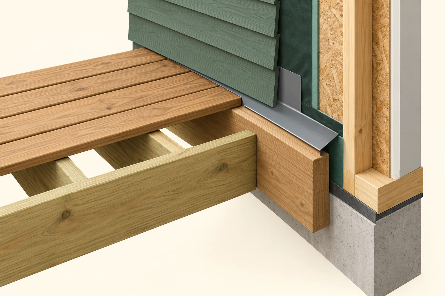 Original close three-dimensional deck and wall cutaway shows timber joists meeting a house-side board, partial walking boards, folded grey metal above the board and green wall layers with sheathing and framing. No fasteners, joist hangers, complete flashing integration or installed waterproof junction are established.