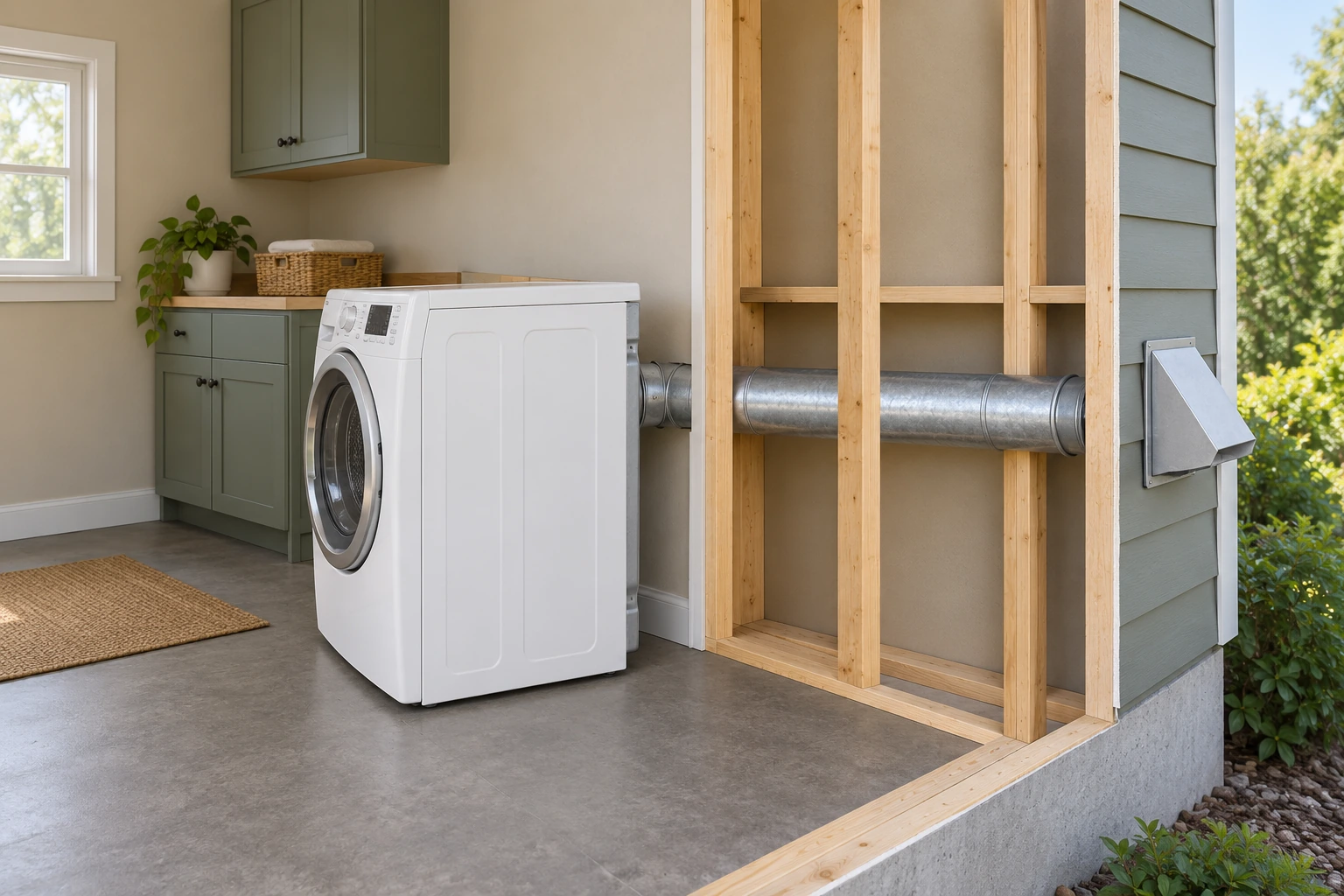 Original conceptual 3D skeleton laundry-room picture shows a white front-loading dryer, a short metal connection behind it, a continued metal duct through a cutaway timber wall and an outdoor hood. The illustrated connection is continuous, with no blockage or measured air movement shown. The opened wall is a teaching device, not evidence of an actual hidden route.