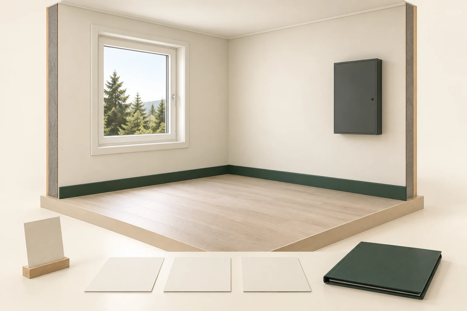 A finished timber-style room with window, wall and closed equipment panel; blank papers and a green folder sit in the foreground.