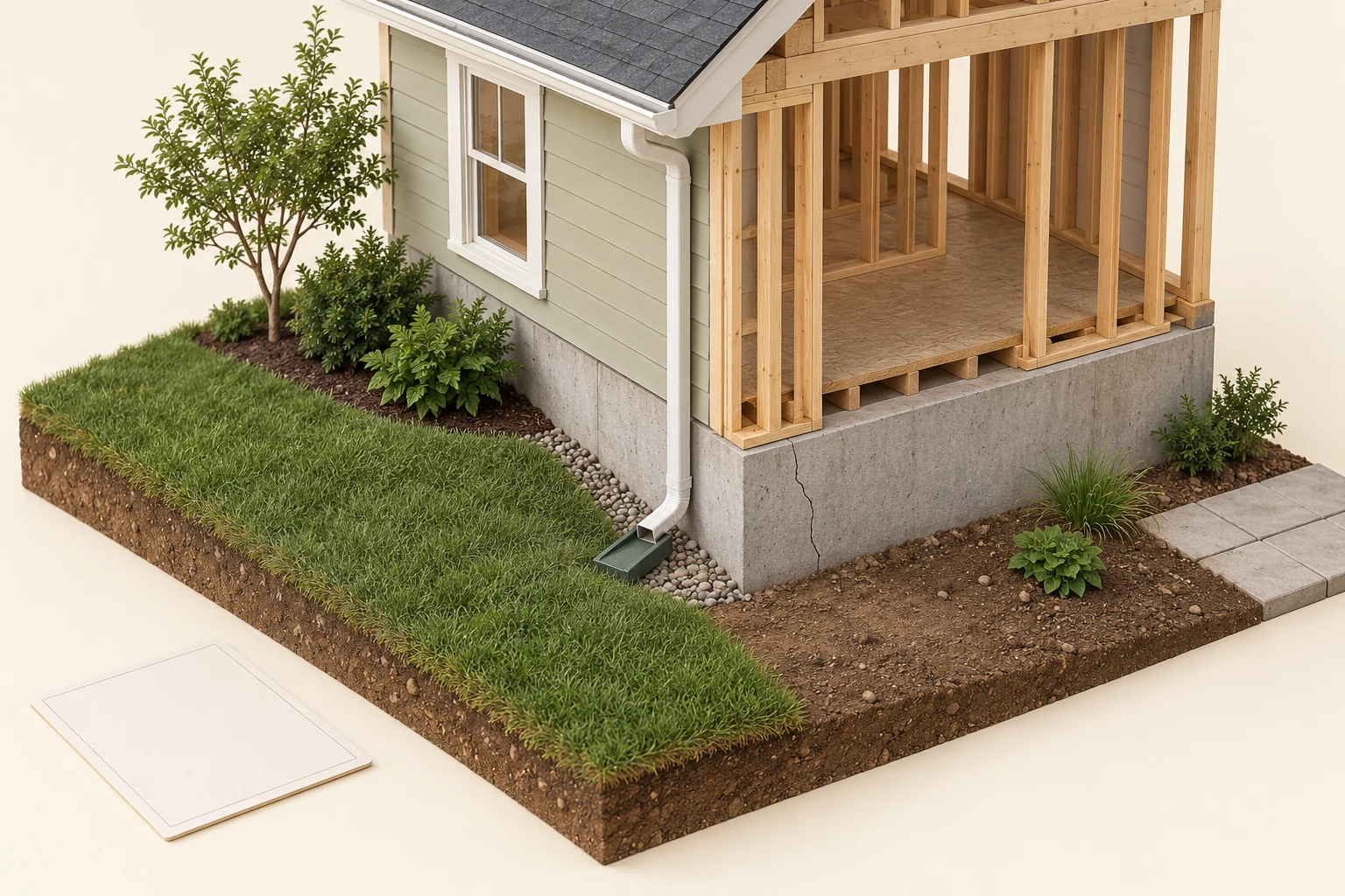 Illustrative house corner with exposed timber framing above a concrete foundation, a drawn crack in the concrete face, a downspout ending on a splash block, grass, bare soil and a blank card