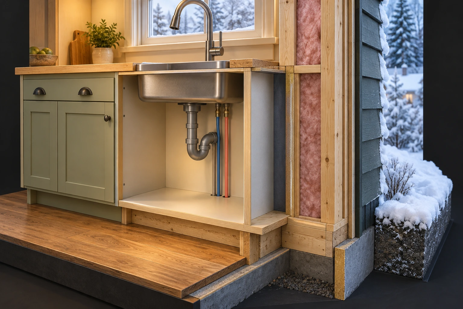 Kitchen sink cabinet beside a cutaway outside wall. Two slender blue and coral supplies rise behind a separate grey sink drain; snow is outside.