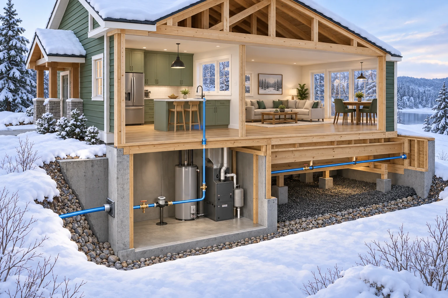 Conceptual winter house cutaway with blue service-entry and underfloor supply specimens, a kitchen riser and closed utility equipment