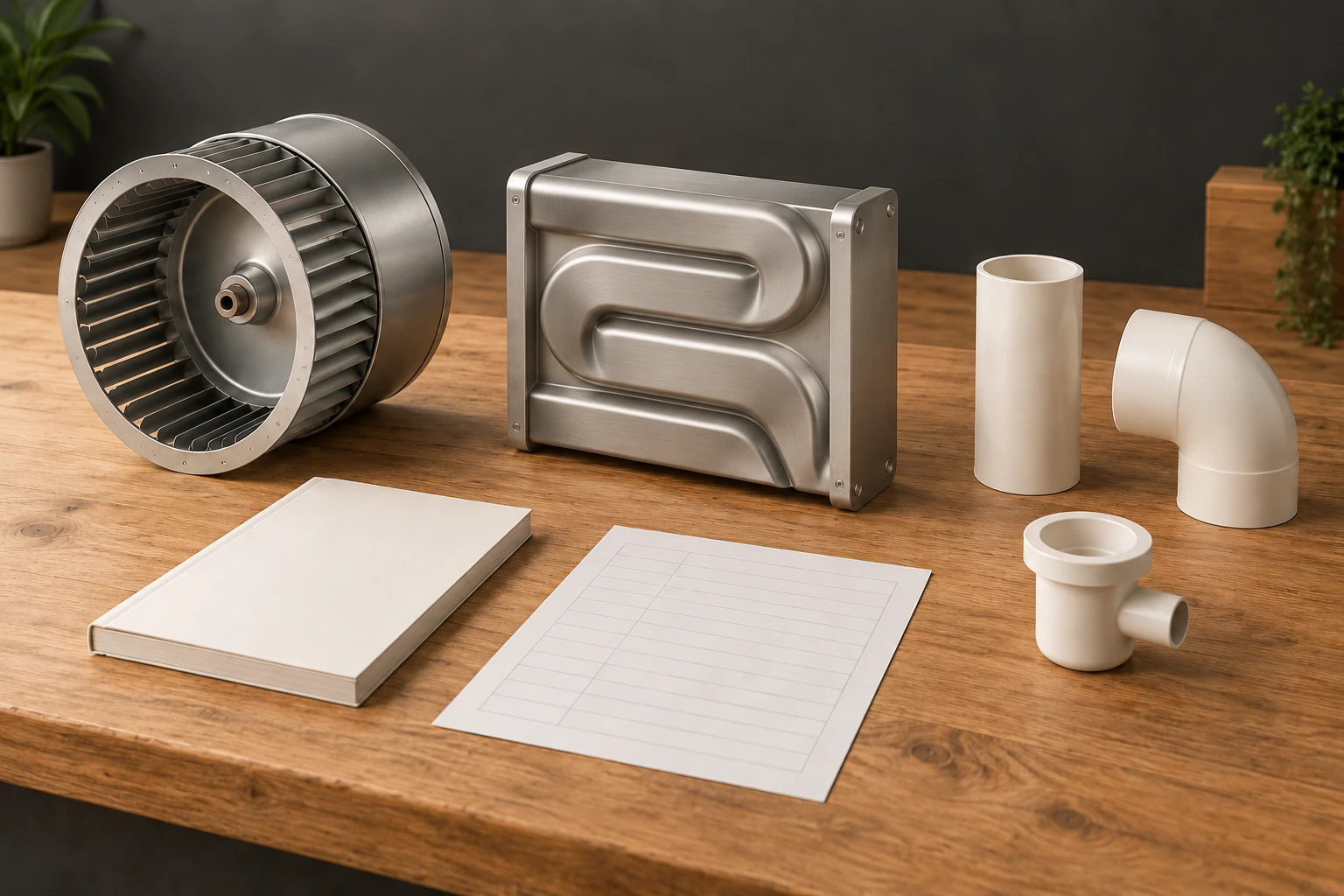 Separate metal blower-like wheel, abstract sealed curved metal boundary form, loose neutral pipe and drain pieces, blank booklet and lined blank record sheet on timber