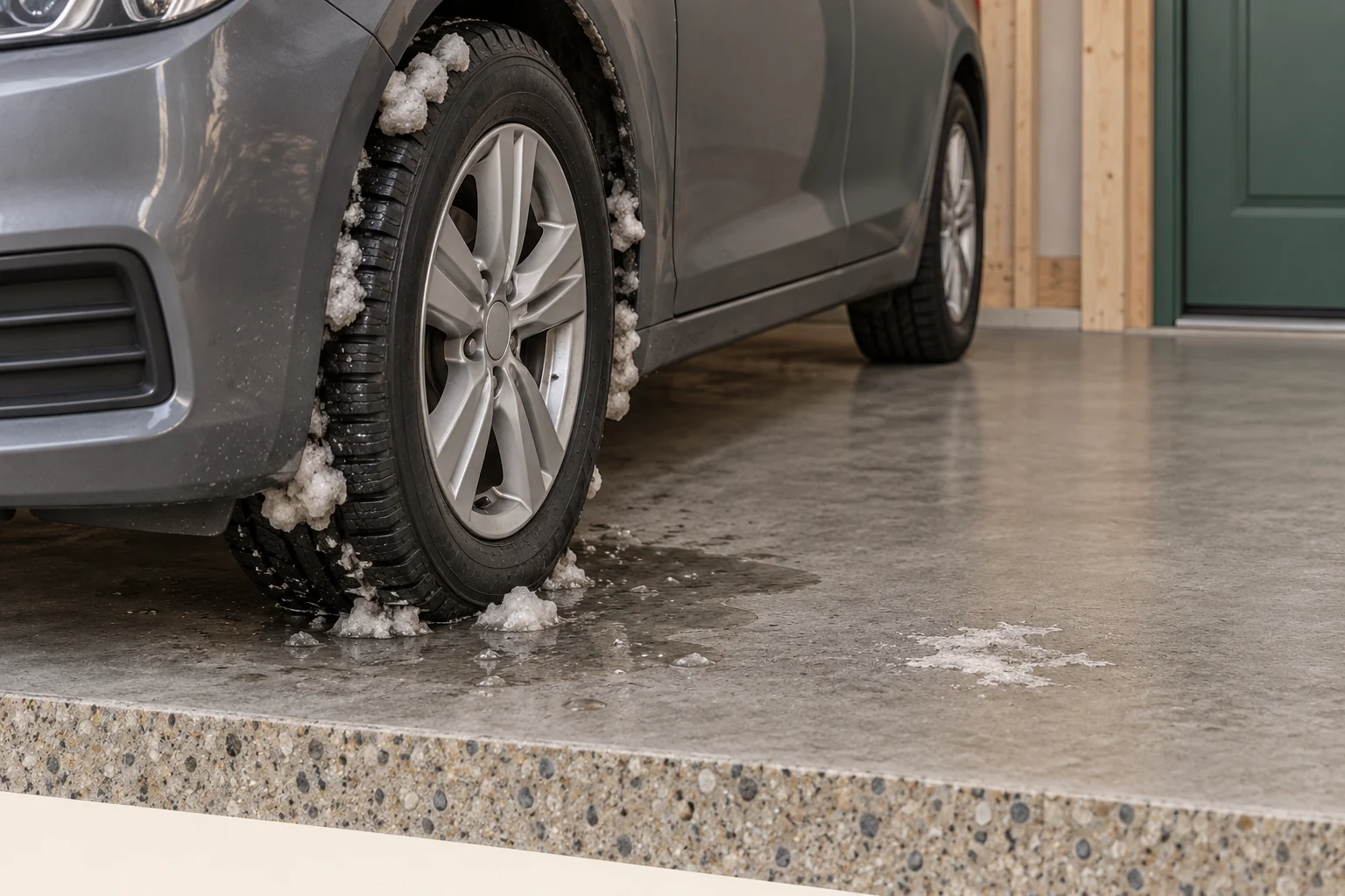 Original close 3D garage model showing slush around a passenger-vehicle wheel, wetness below and a separate pale dry-looking mark on the concrete. The model identifies no chemical or damage mechanism.