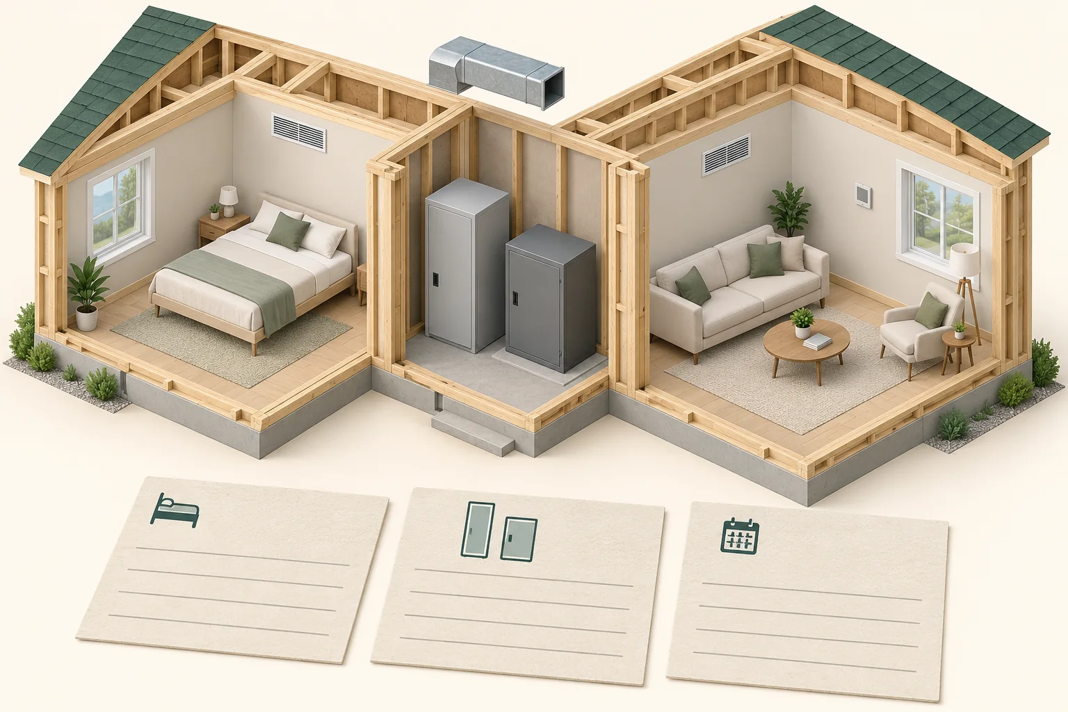 A timber cutaway bedroom and living room, each with a wall grille, flank two closed grey cabinets. A detached grey duct sample sits above them. Three cream cards carry bed, cabinet and calendar pictograms above blank lines.