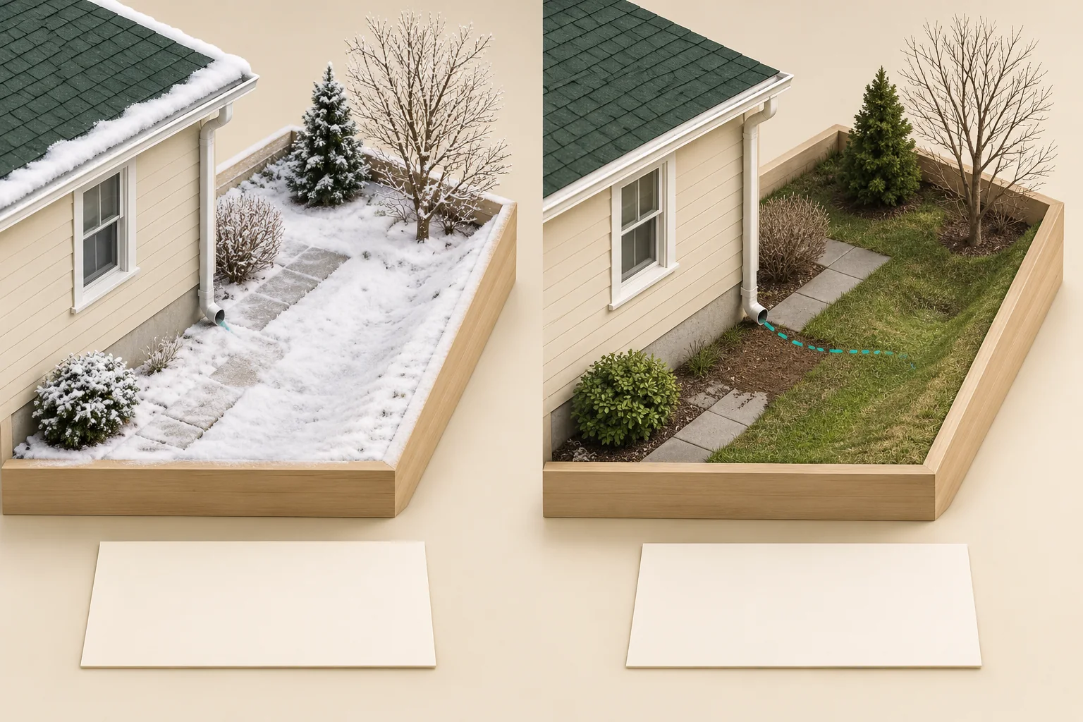 Two house-corner specimens with windows, downspouts, paving and landscaping: snow covers the left sample and the right is snow free. A teal dashed trace fades beside the right downspout. Blank cards sit beneath timber display edges.