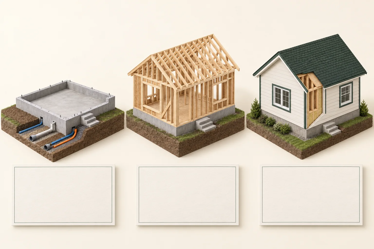 Three cream-and-timber house specimens: a concrete foundation with short open coloured service segments, exposed timber framing, and a roofed and clad house with an open wall strip. One blank card sits beneath each specimen.