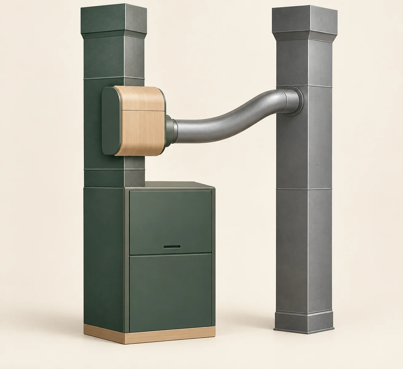 Fictional closed green appliance cabinet beside two tall duct-like forms, with a rounded closed wood-and-green box on the left duct and a curved closed metal branch extending to the separate right duct.