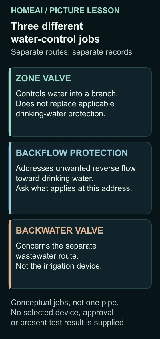 Three unconnected cards compare a zone valve, irrigation backflow protection and a wastewater backwater valve. No common pipe connects their different routes.