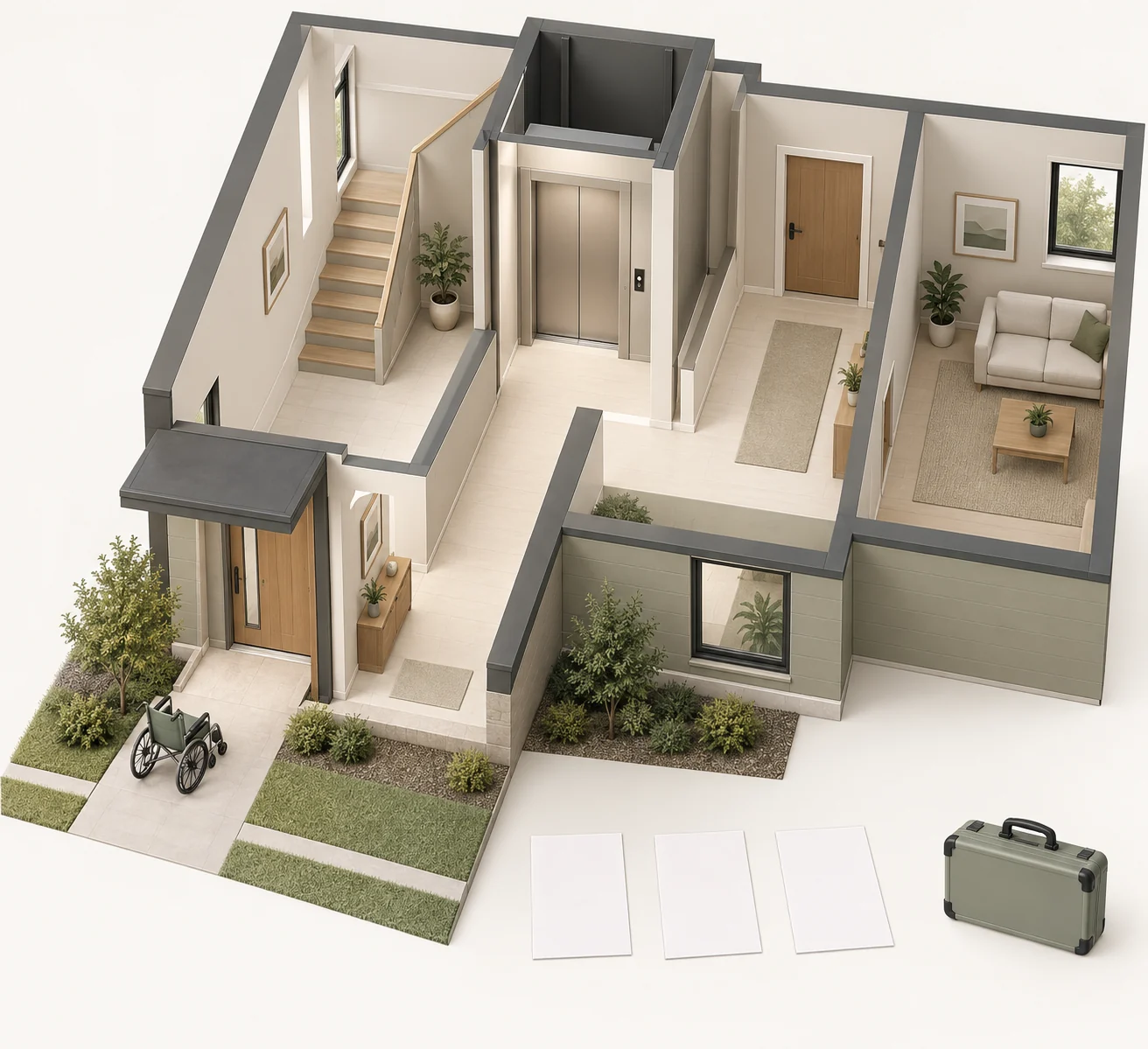 Fictional home cutaway with entrance and interior floor contexts around a closed elevator-like landing doorway, adjacent stairs and rooms, plus an empty wheelchair outside, three blank paper sheets and a closed service-case prop in front.