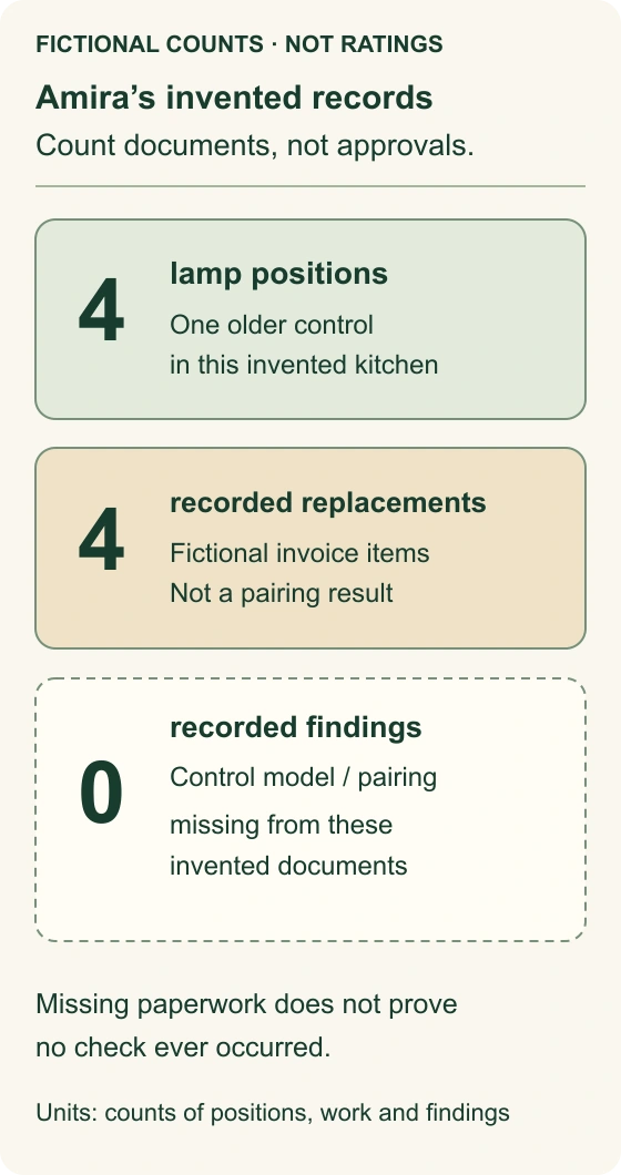 An explicitly fictional record diagram shows four lamp positions, four recorded LED replacements and zero recorded control-model or pairing findings. Counts are document quantities, not watts, test results or compatibility scores.