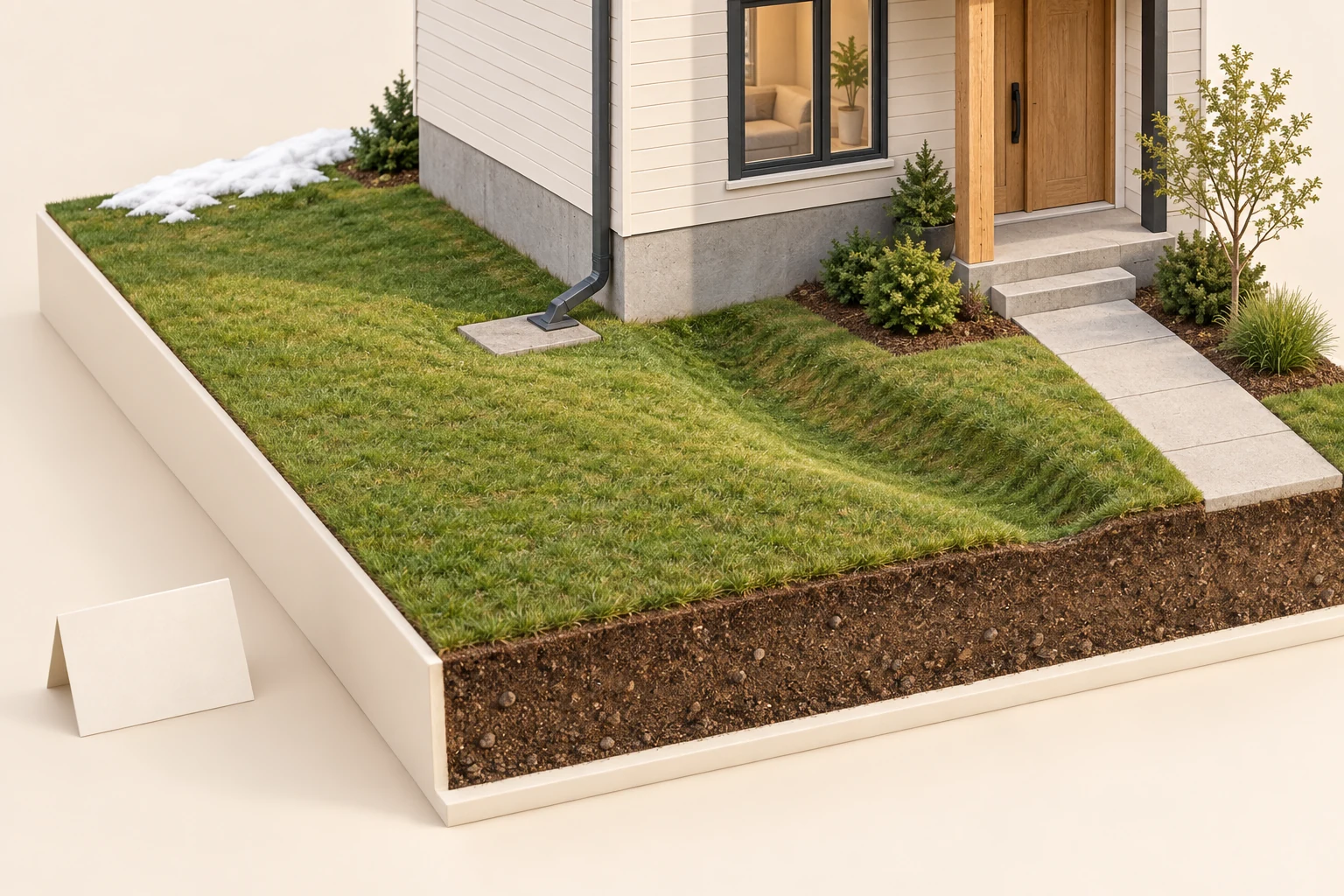 Conceptual house corner and lawn with separate downspout outlet and pad, concrete walk, curved grass depression, a small snow patch and exposed soil slice without pipes