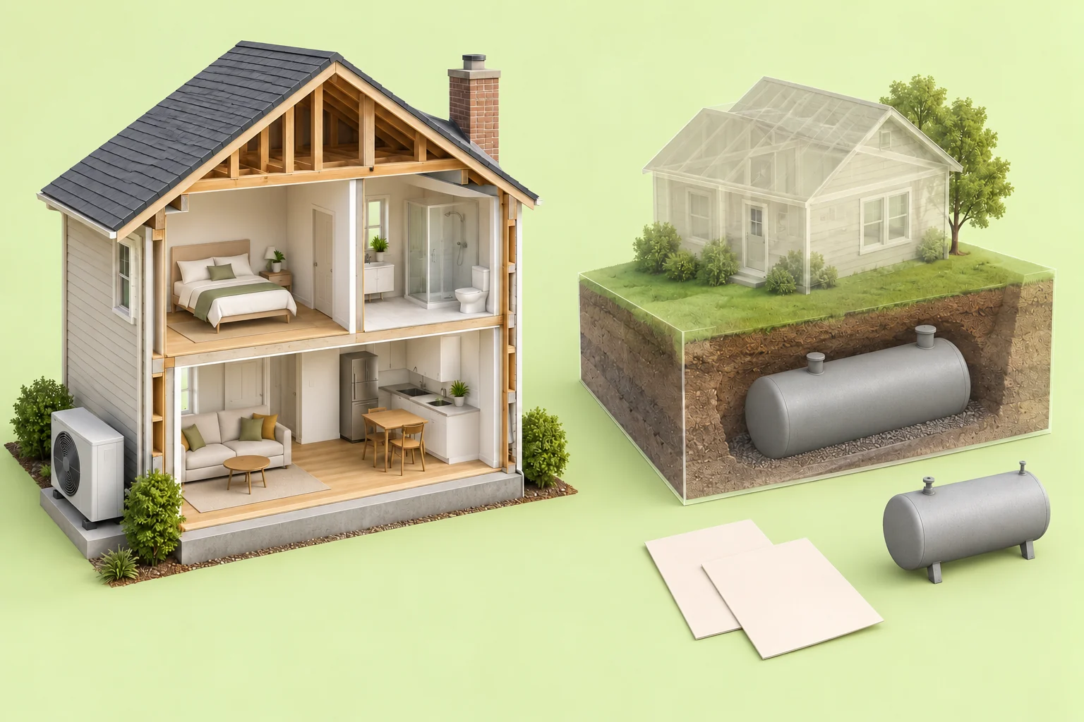 Two separate fictional studies: a timber house cutaway beside a closed fan-cabinet form, and a translucent house-and-ground diorama containing a neutral grey buried vessel, with a detached grey tank specimen and blank paper sheets in front.