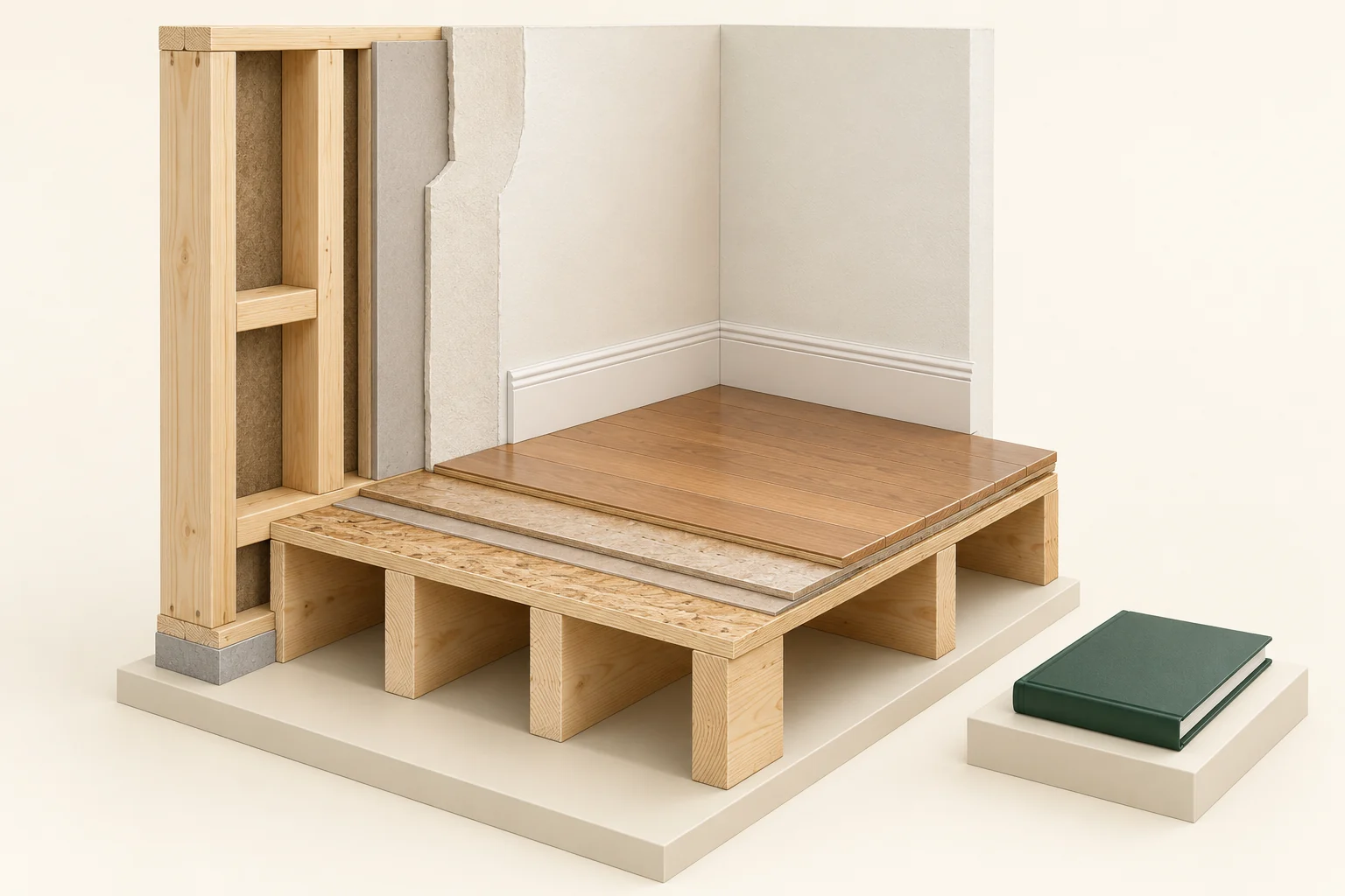 Detached timber wall and floor corner sample with several cleanly displayed finish layers above a subfloor, and a closed green folder beside it.