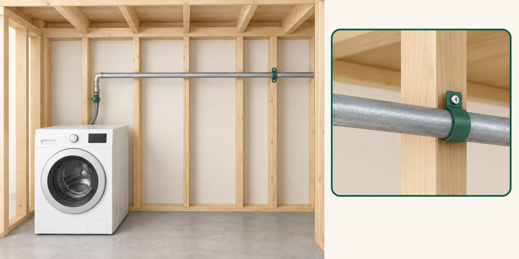 A closed washing machine has one illustrated supply hose; an intact pipe runs near timber framing, with a larger view of a pipe support.