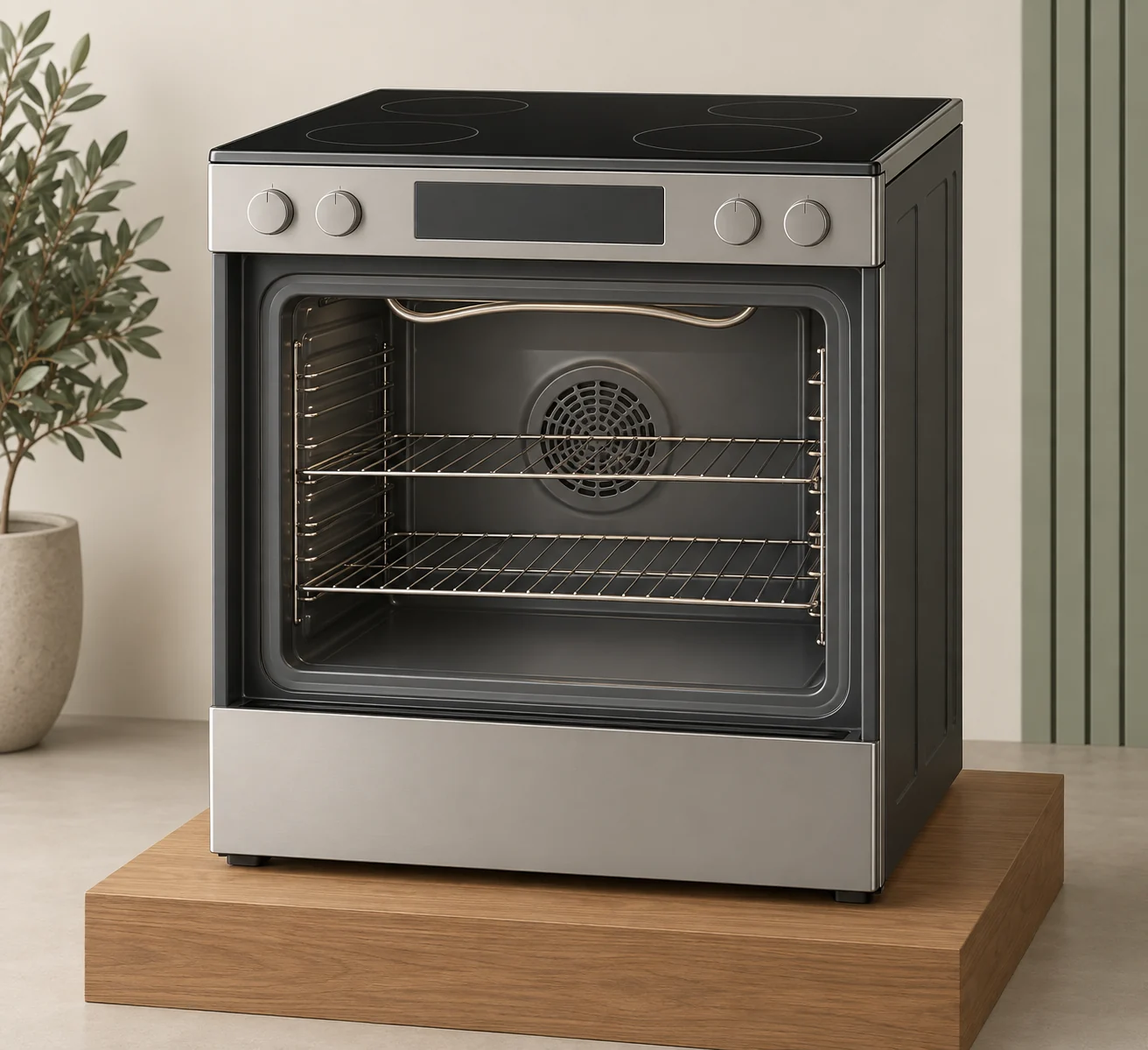 Fictional electric-range display with four outlined circles on a dark cooktop, blank controls, an open-front oven cavity containing two empty racks, a curved upper metal form and a circular rear grille, on a timber plinth.