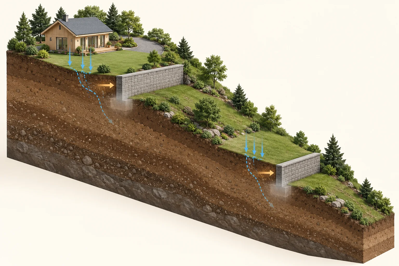 Conceptual hillside cutaway with two retaining walls at different levels, a house, rain concepts and ghosted support shapes.