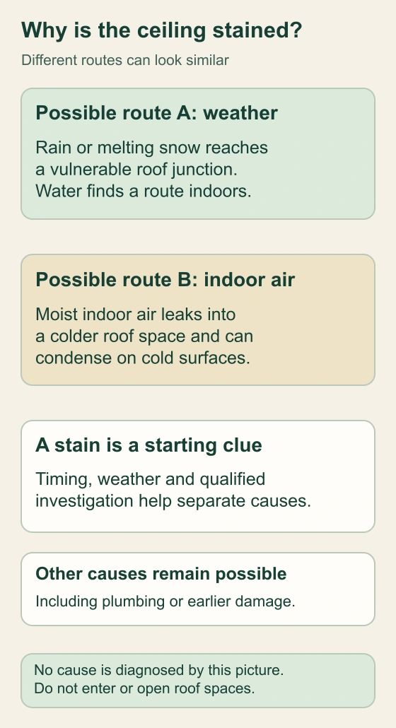 Two alternatives are compared: weather entering a roof junction, and moist indoor air reaching colder construction and condensing. A final box keeps plumbing and past events in the question.