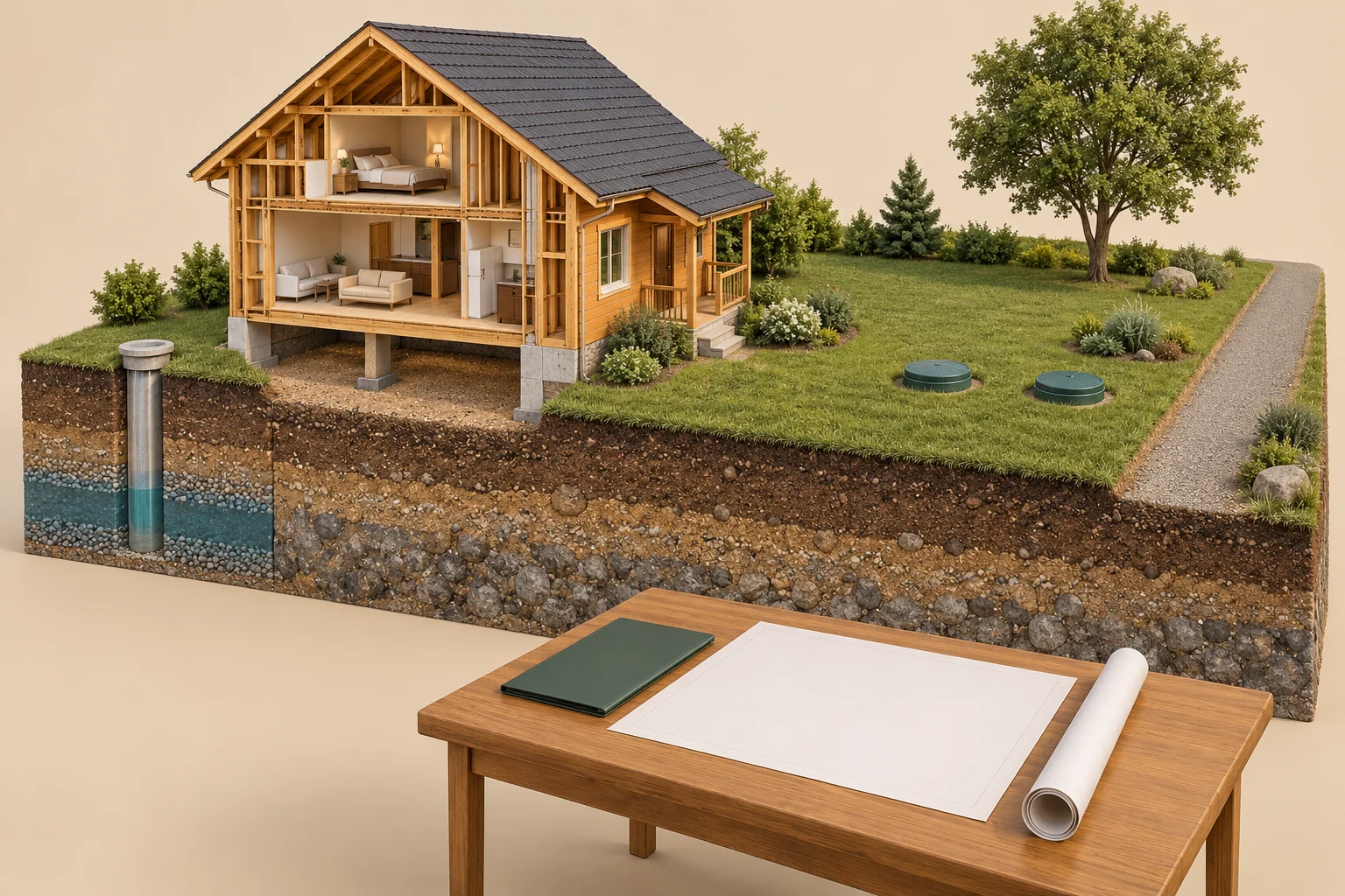 Fictional timber house-and-yard section with an exposed well casing at left, two closed green covers in the lawn, a gravel path along the right, and a blank sheet, rolled sheet and booklet on a foreground table.