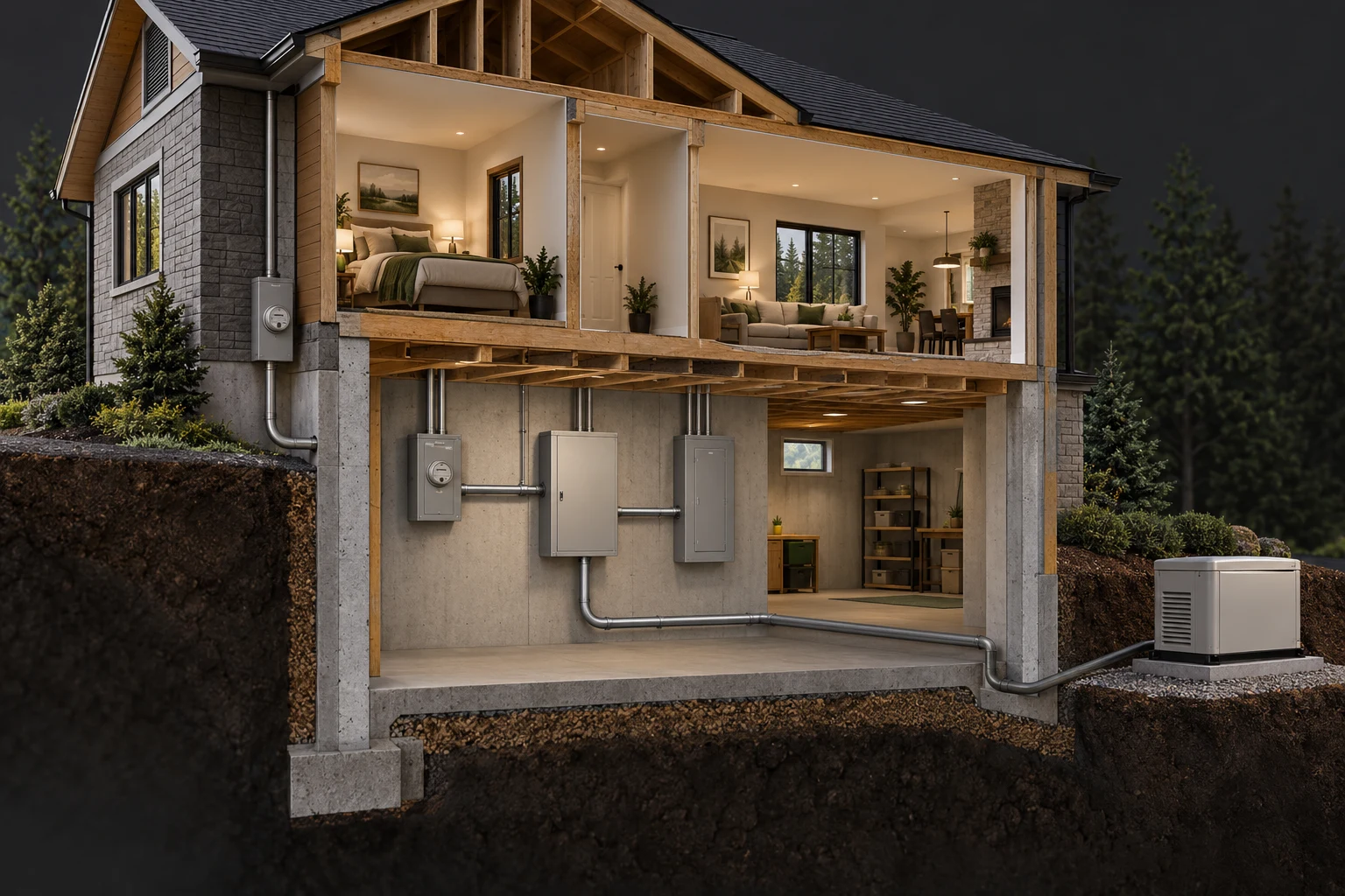 House section with closed utility-meter cabinets, a central closed cabinet, distribution cabinet and enclosed conduit continuing to an outdoor generator.