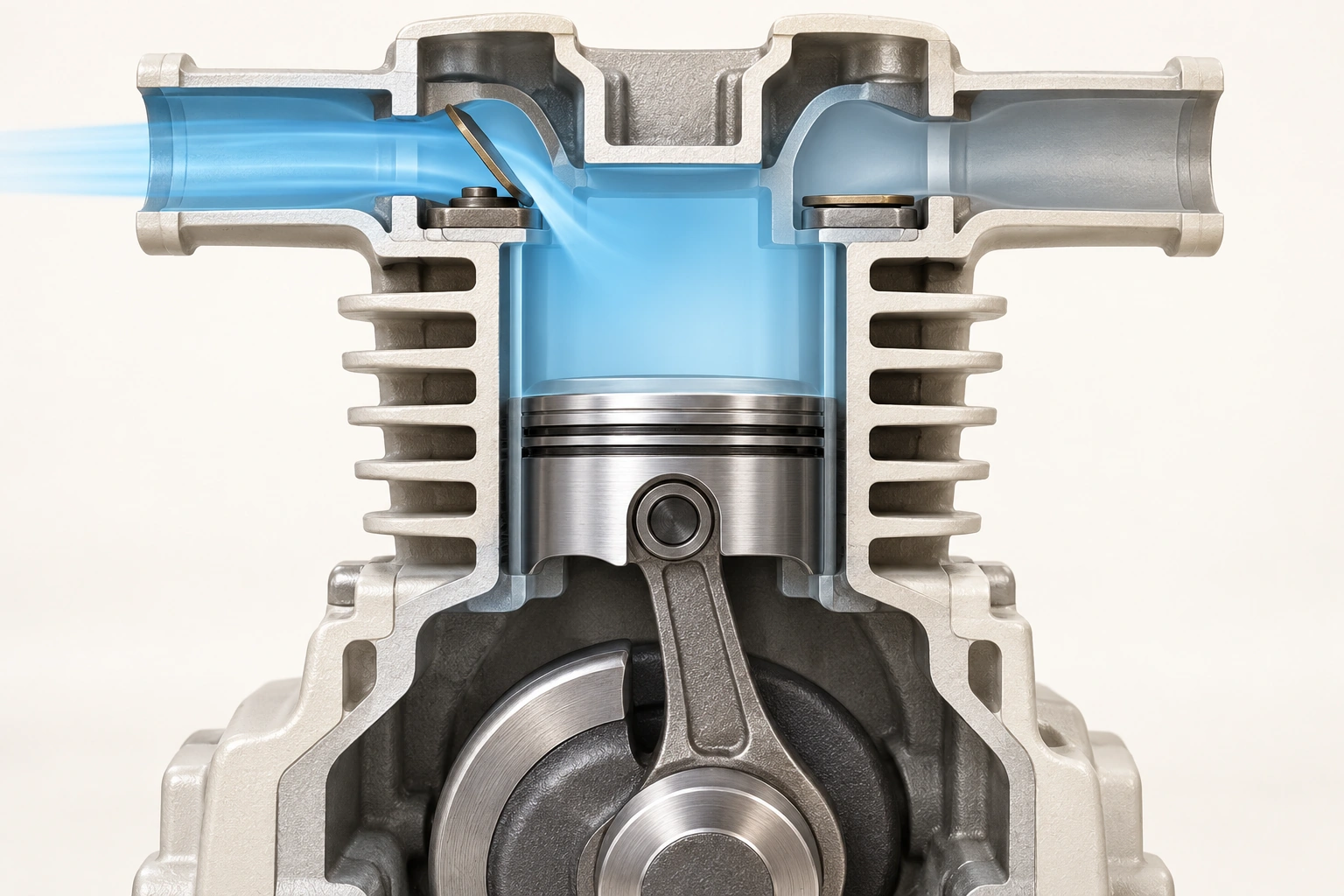 A transparent piston-cylinder concept has distinct inlet and discharge passages and a connecting rod/crank.