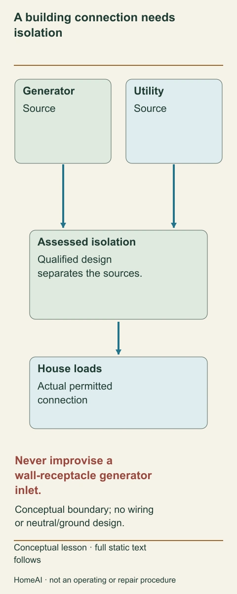 A conceptual split shows a portable generator route and utility route separated by assessed transfer equipment before house loads.