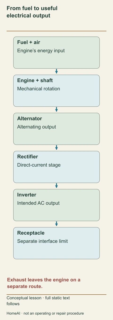 A labelled vertical route separates fuel, engine rotation, alternator, rectifier, inverter and receptacle.
