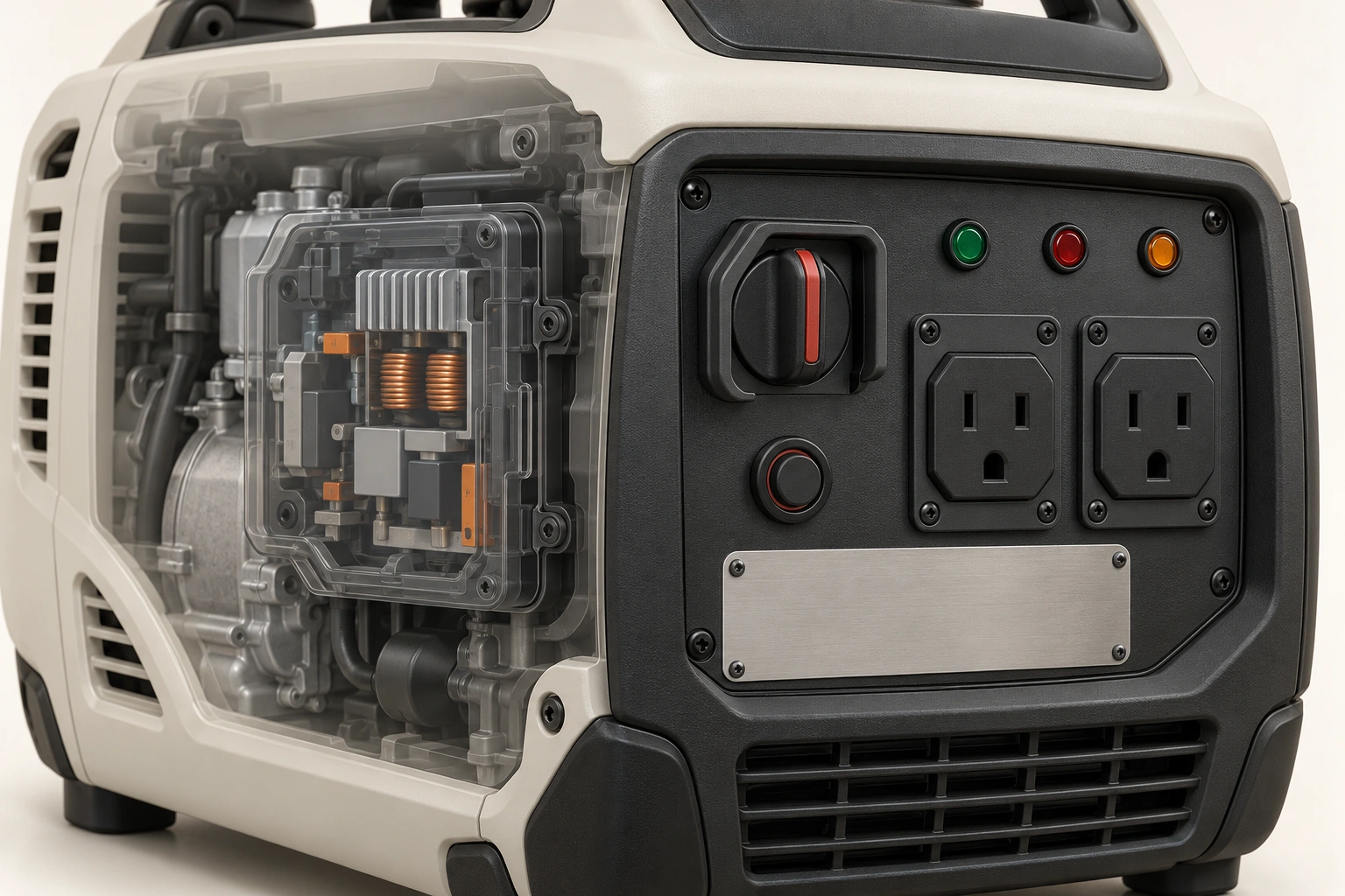 A generic intact generator face has receptacle shapes, separate unlit coloured lenses and controls.