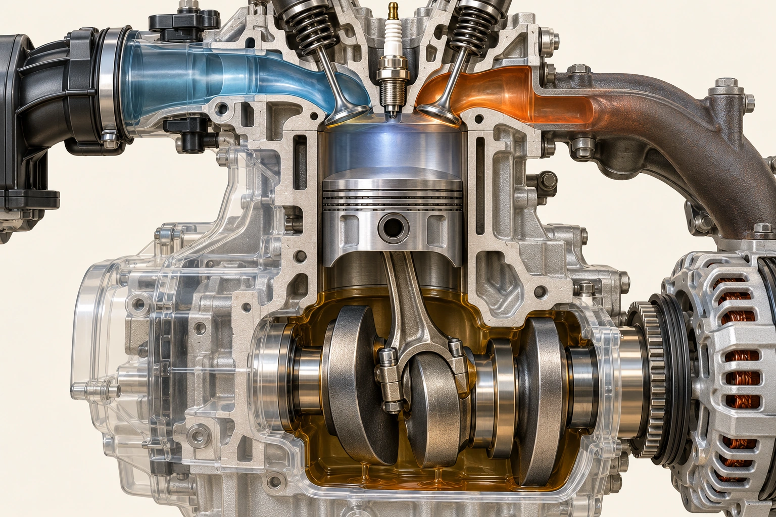 A transparent single-cylinder concept shows a piston, connecting rod, offset crankshaft and separate head passages.