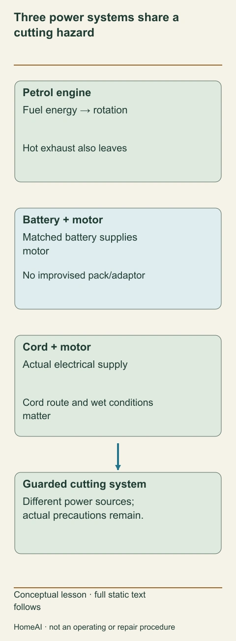 Three distinct labelled vertical routes show petrol engine, battery motor and corded motor leading to a guarded cutting system.