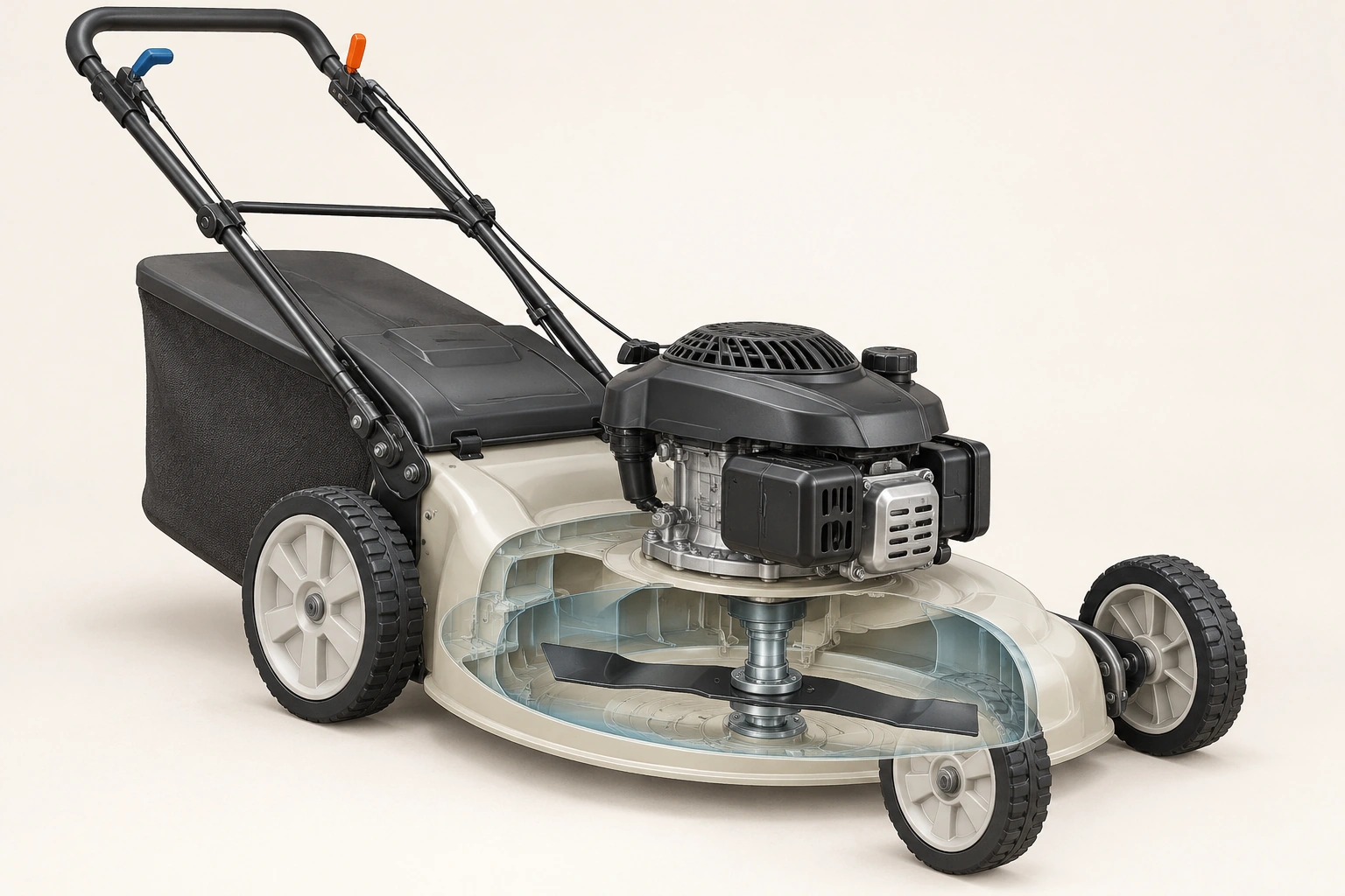 An upright conceptual mower has engine, vertical shaft, contained cutting element, deck, wheels, handle and rear bag.