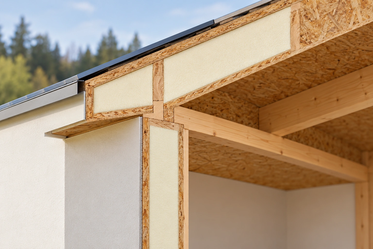 Skins, core and joint members form a connected panel system. Wood skins, a bonded foam core and joint members form a panel system. The wall-to-roof meeting connects that panel with the rest of the house rather than making the panel an isolated insulation board.
