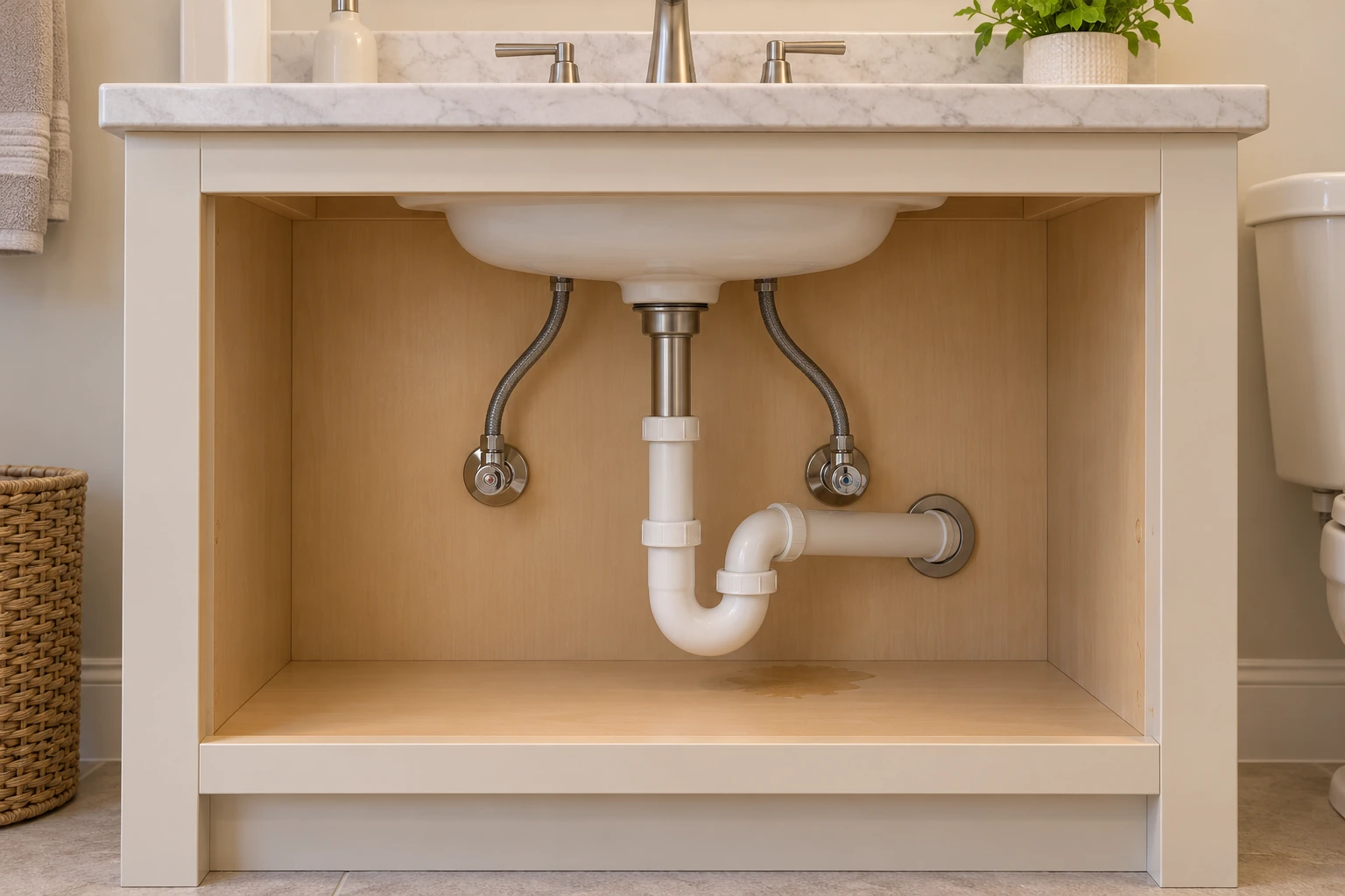 The supply, trap and cabinet mark raise separate questions. Two flexible supply hoses connect toward the sink above, while the trap and drain route leave through the cabinet back. A small brown damp-looking patch is visible on the cabinet floor beneath the plumbing.