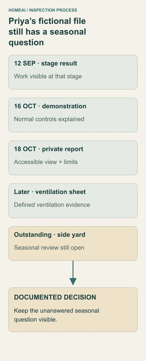 Priya’s fictional file still has a seasonal question. Five labelled fictional records separate an earlier stage result, control demonstration, present report, ventilation sheet and outstanding yard entry. The decision box retains the unverified seasonal question.