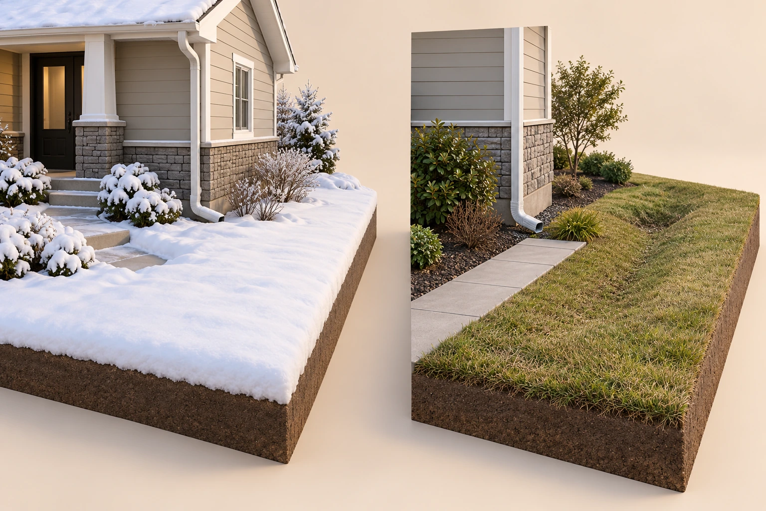 Snow leaves a named later question. Two separate conceptual lot edges contrast snow-obscured ground with an uncovered downspout, path and shallow surface-water route. They illustrate a changing available view rather than an actual completed seasonal recheck.