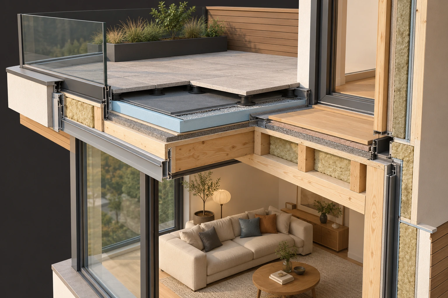 Raised walking slabs sit above a layered terrace over a living room. The adjacent doorway, glazed wall and visible cut edges show why a surface, enclosure junction and room below can belong to connected questions.
