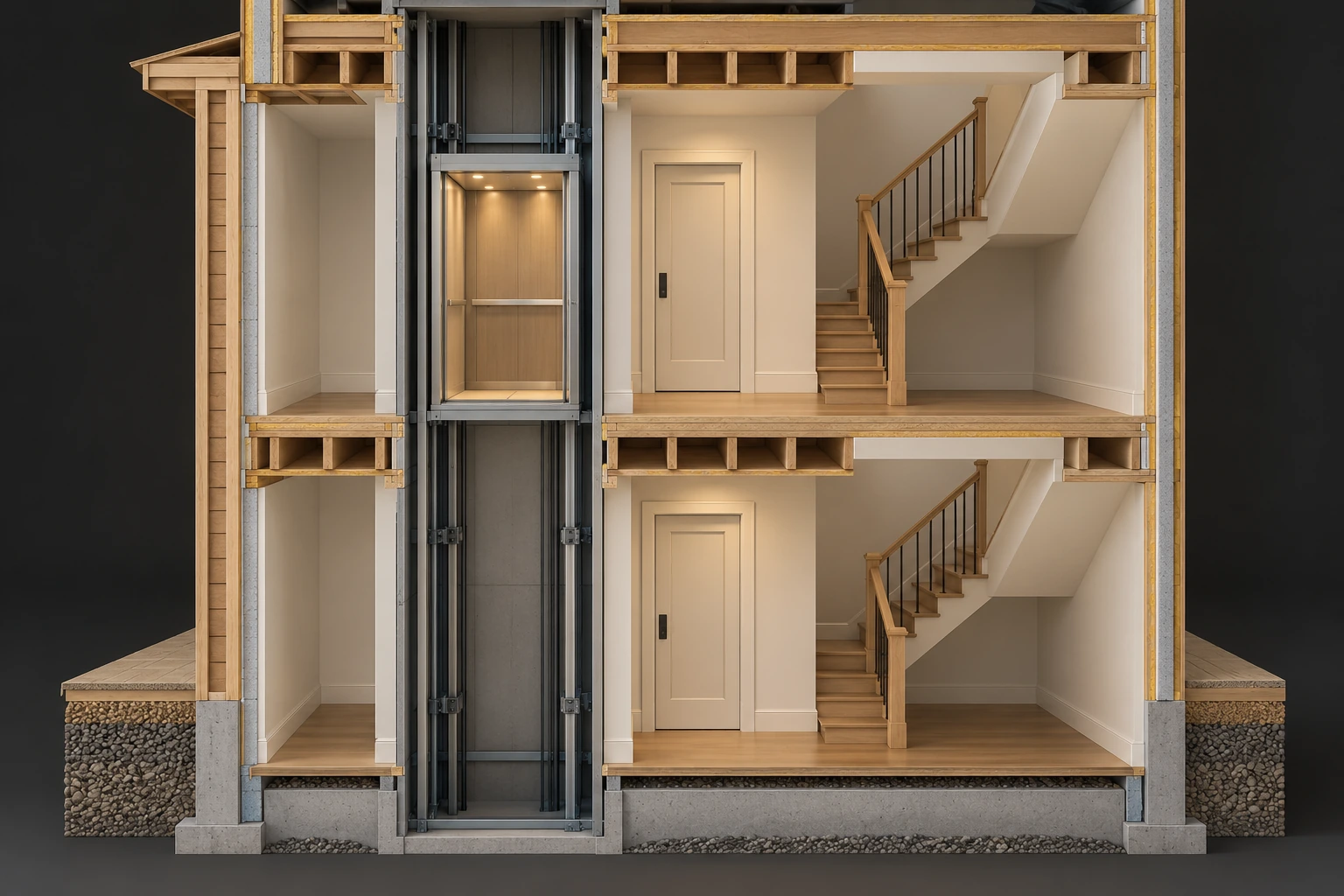 A lift car sits at the upper level in an exposed shaft beside stairs and ordinary room doors. The shaft and floor routes help locate the device and household-access questions; complete landing barriers and interlocks are not established in this teaching cutaway.