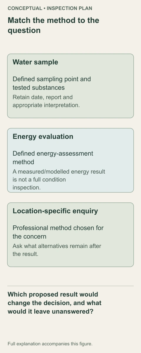 The three evidence lanes connect water sampling, energy evaluation and a location-specific investigation to different questions. Their results remain alongside their method and conditions rather than merging into a whole-home score.