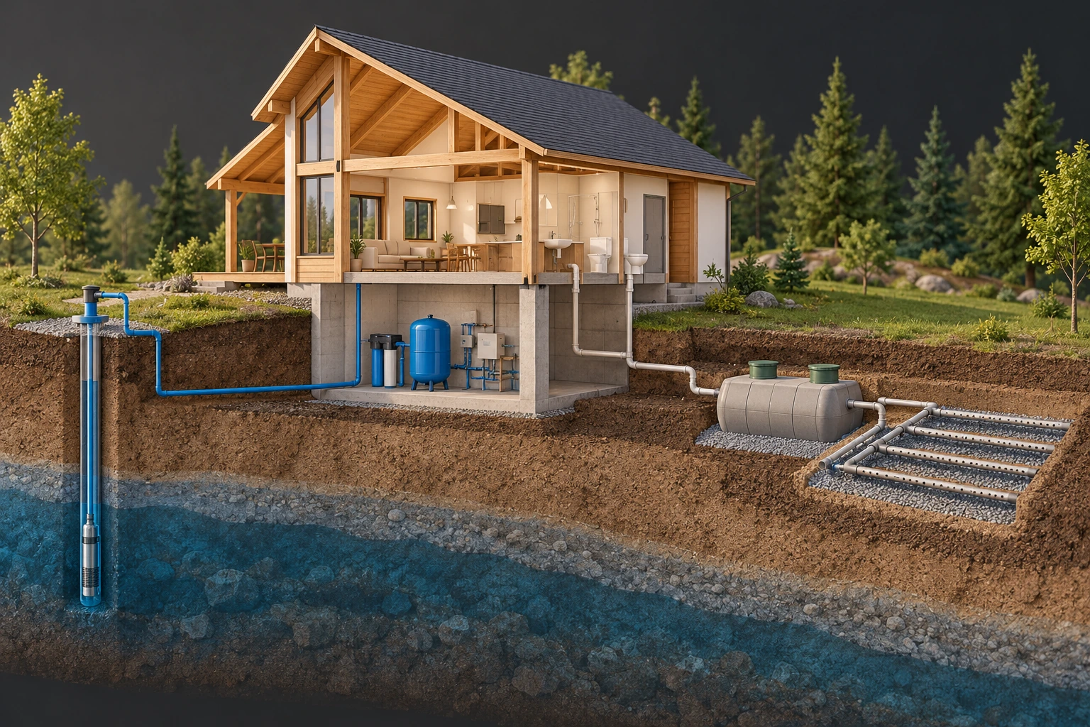 A cutaway well and blue route lead toward basement pressure and treatment equipment; a separate drain route leaves the house for a buried tank and perforated field. They organize different supply, quality and wastewater questions.