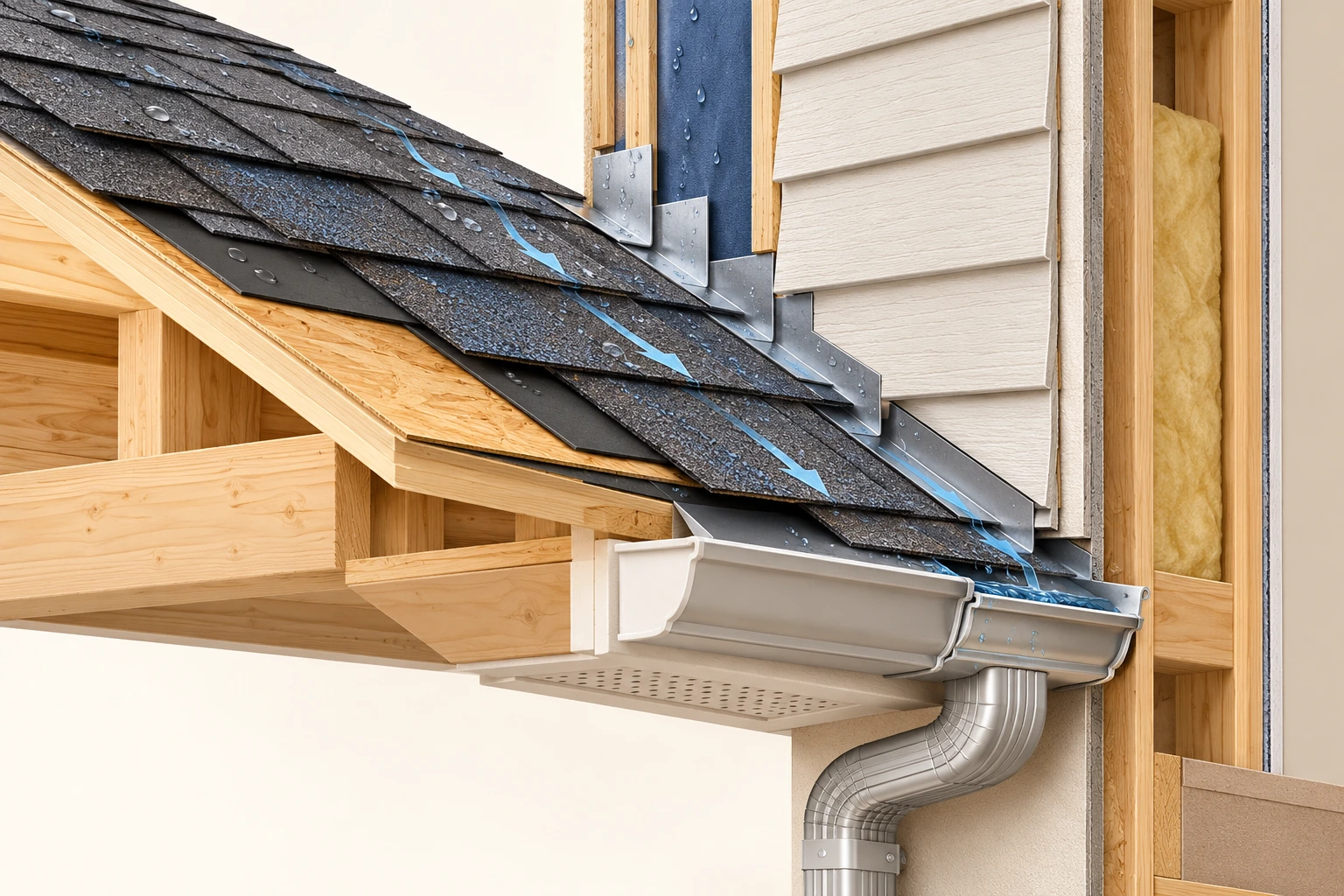 Roof covering, a roof-wall flashing junction and an eaves gutter illustrate separate parts of shedding and collecting outside water. Conceptual 3D cutaway; The blue arrows are conceptual water direction, not a water test. The picture does not approve the flashing laps, material stack or drainage detail, or diagnose a leak.