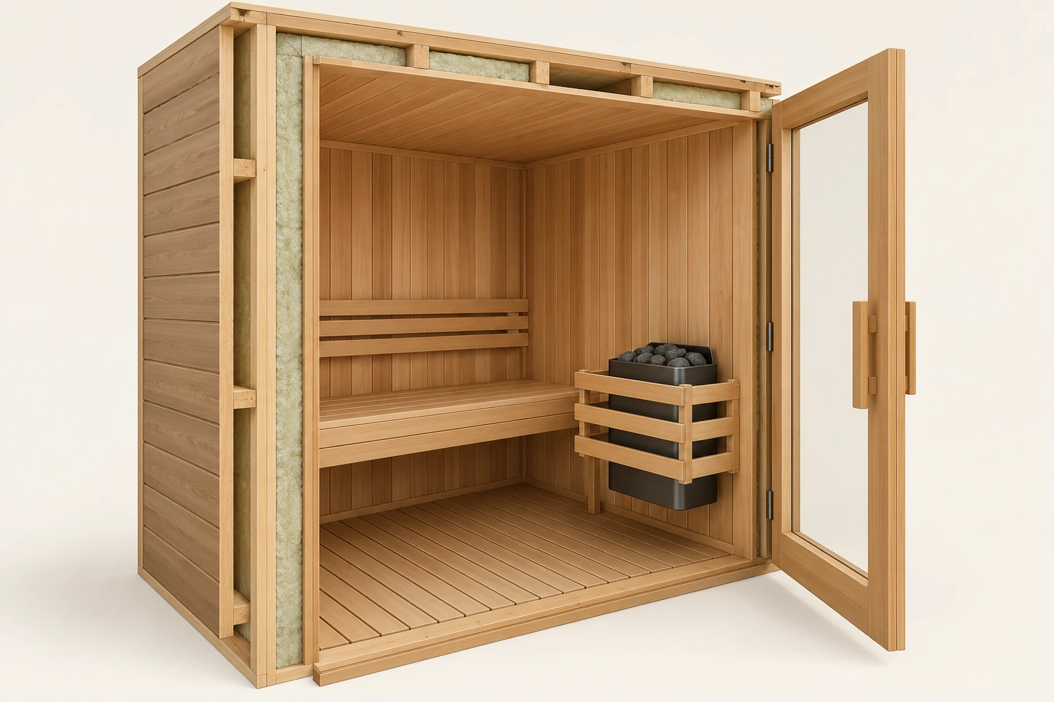 An unoccupied wood-lined sauna skeleton shows a pale enclosure layer, bench, intact stone heater, timber guard and open doorway, with no vents or wiring.