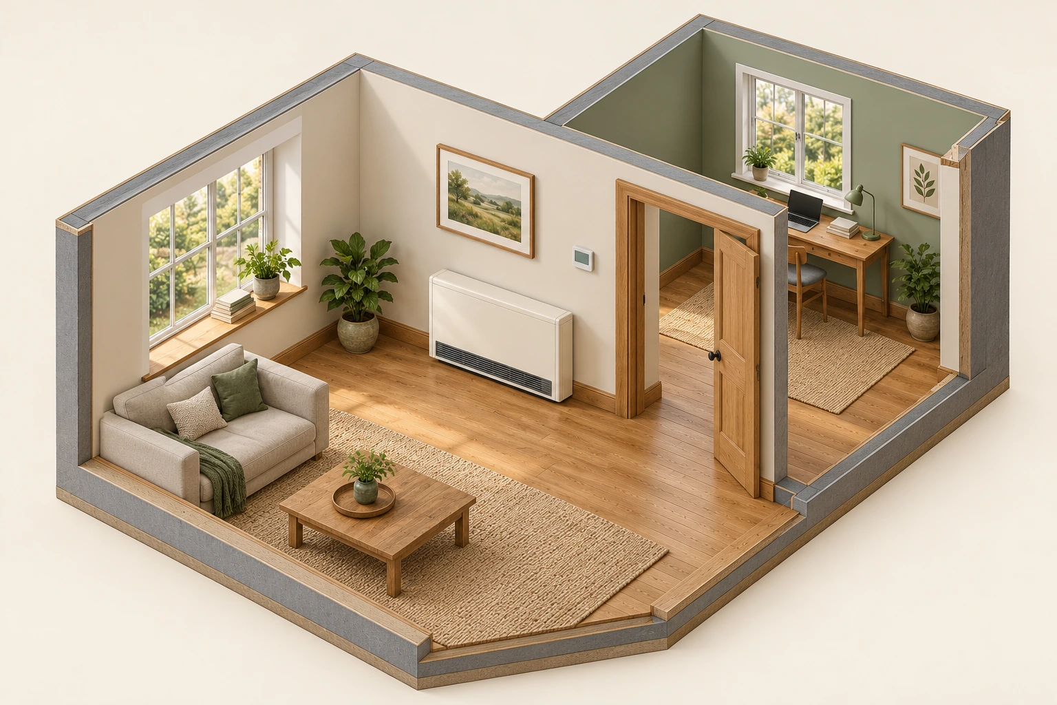 A room heater does not prove every room’s comfort. A closed heater and small wall control serve as the starting point for a room-delivery question. The doorway reveals a separate room, making it clear why available warmth beside the cabinet does not establish comfortable conditions throughout a changing layout.
