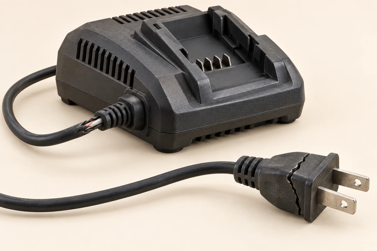 Unplugged charger with an empty battery bay and split cable insulation at its strain relief; a separate detail shows a cracked plug body.