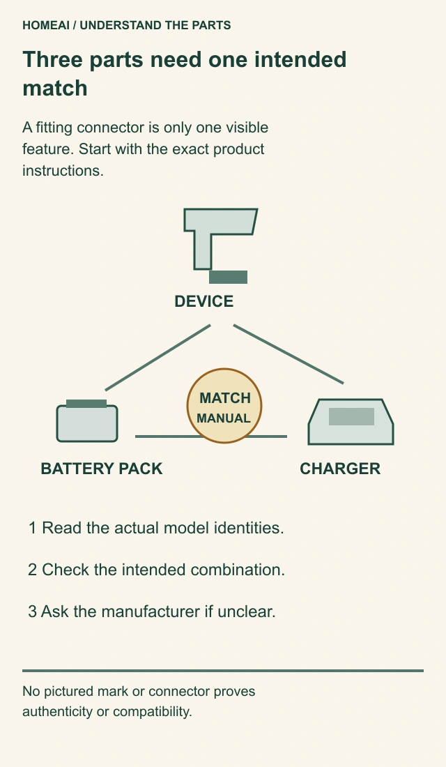 Triangle diagram links a device, a battery pack and a charger to matching product instructions, followed by three model-identification questions.